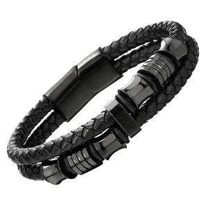 Black Braided Leather Bracelet For Men